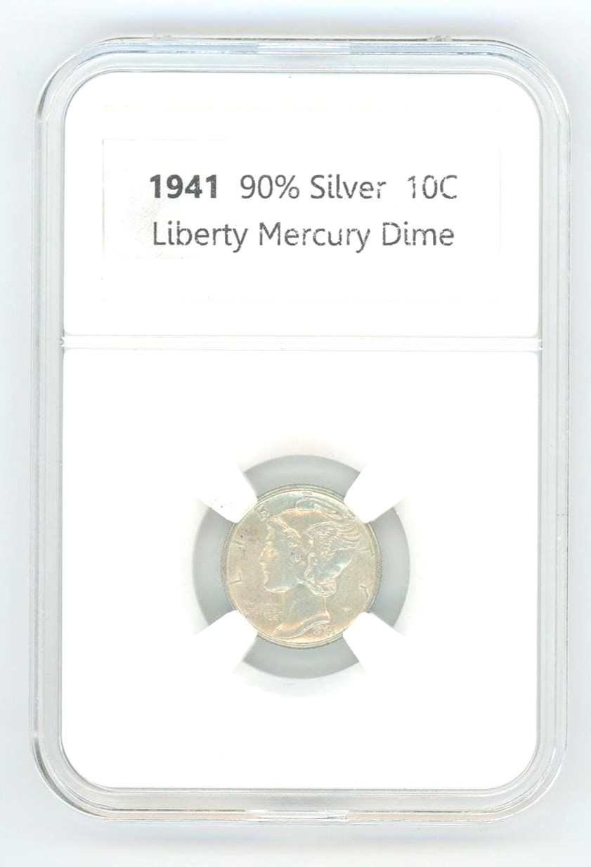Vintage 1941 Liberty Mercury 90% Pure Silver Dime in Slabbed Style Case (AU/BU)