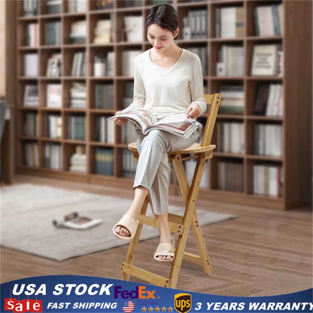 Portable Folding Bamboo Stool Tall Chair Foldable Bar Stool Porch Kitchen Chair