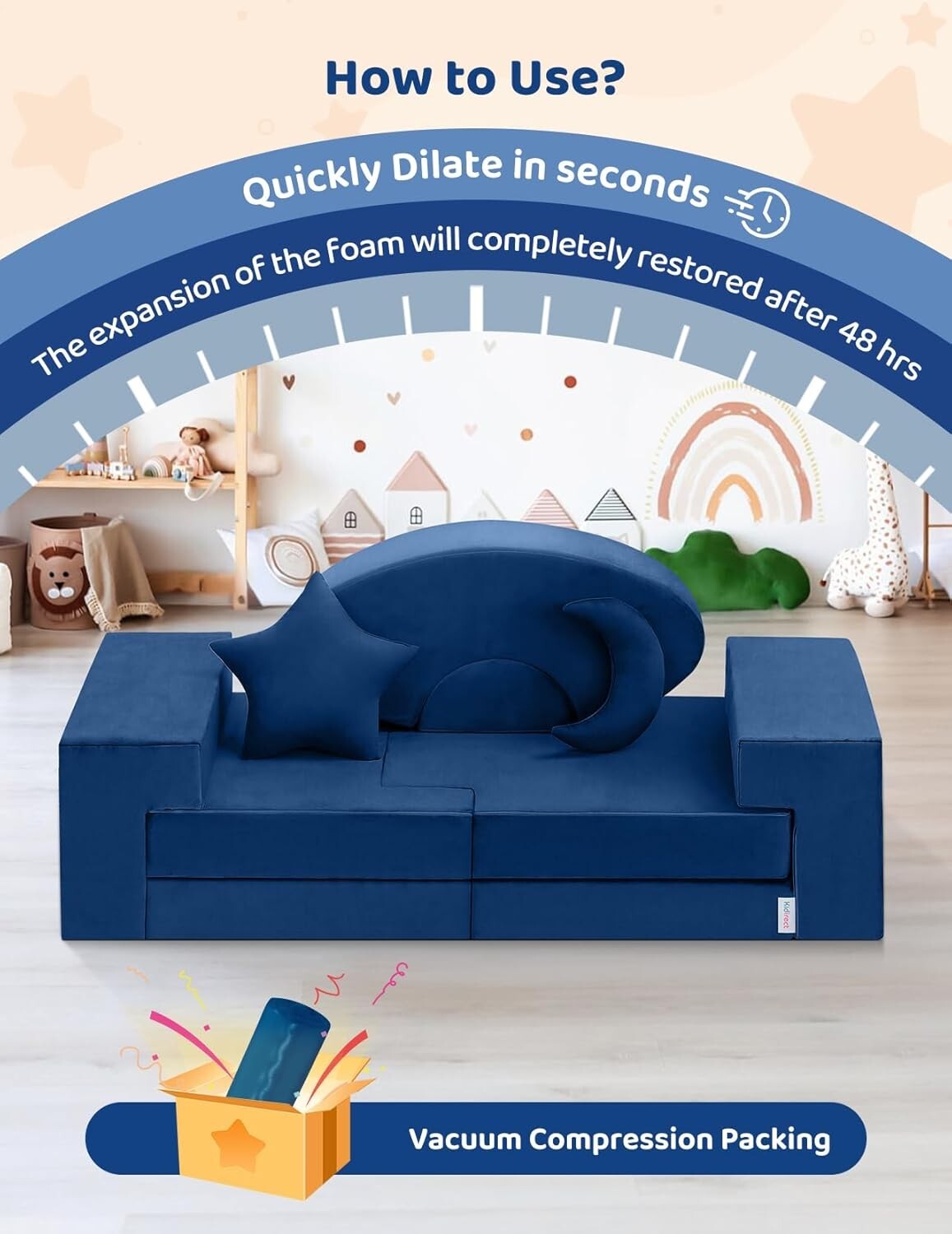 Modular Kids Play Couch - Safe Washable Velvet & Convertible Rocking Horse