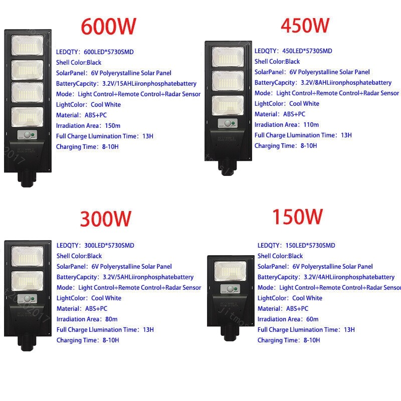 LED Solar Street Lights Waterproof Sensor Outdoor IP66 Remote+Pole Commercial
