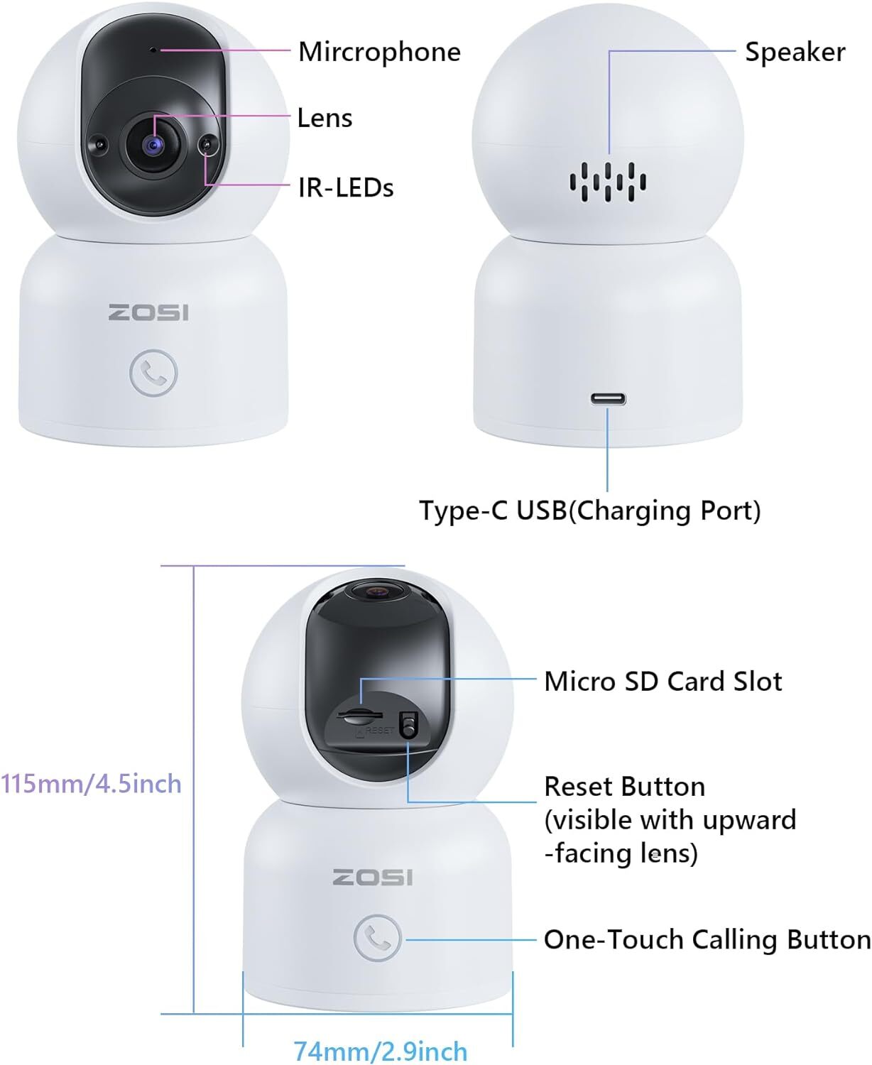 ZOSI 2K 360° Swivel Wireless PTZ Indoor Camera Monitor Intelligent 2.4/5GHz 33FT