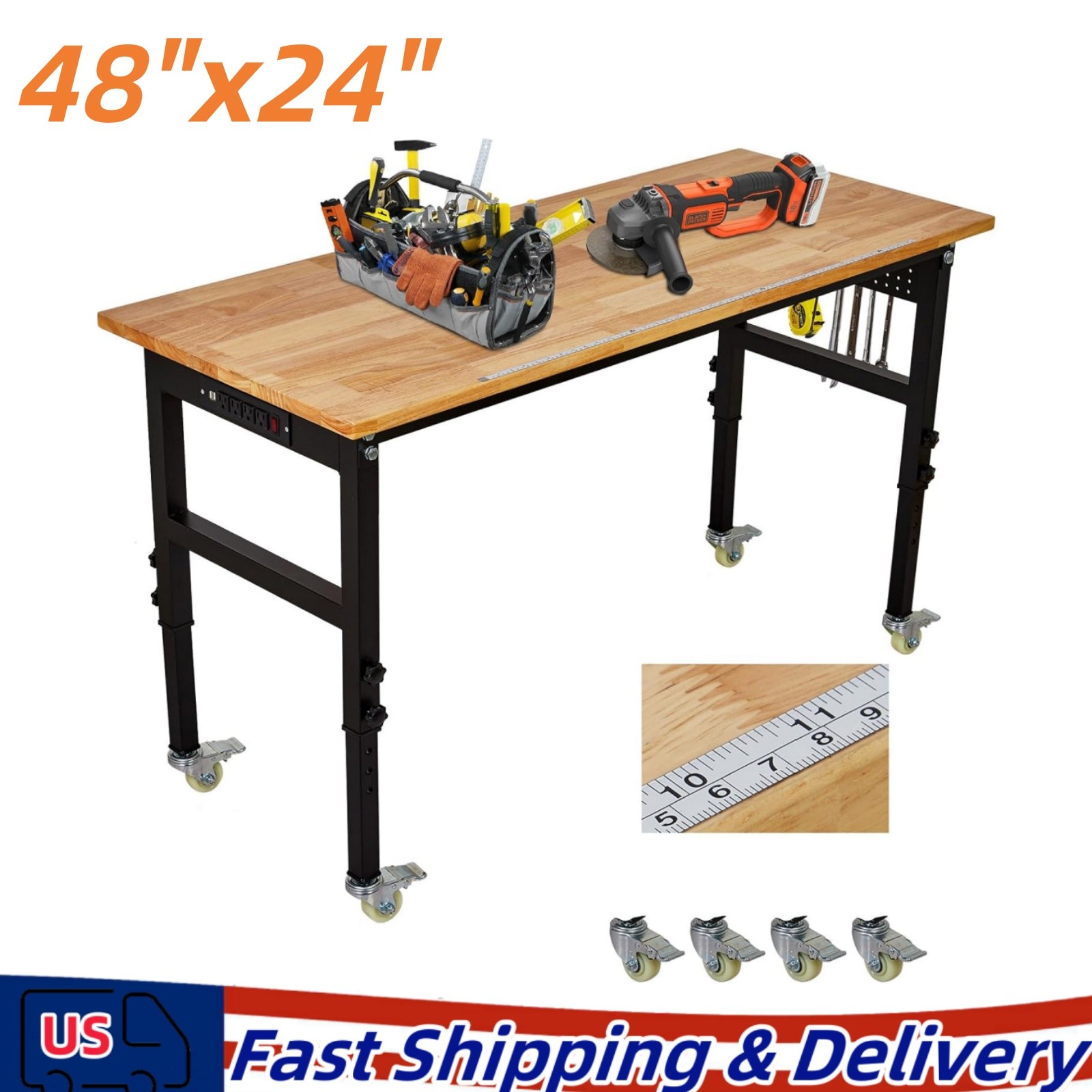 Adjustable Workbench with Power Outlet & Wheels 48"x24" Rubber Wood Work Table