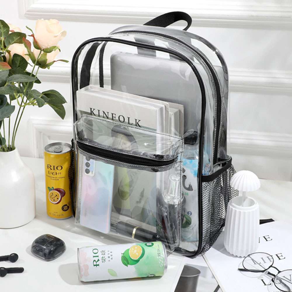 Clear Backpack Transparent See Through School Security Heavy Duty Bookbag Black