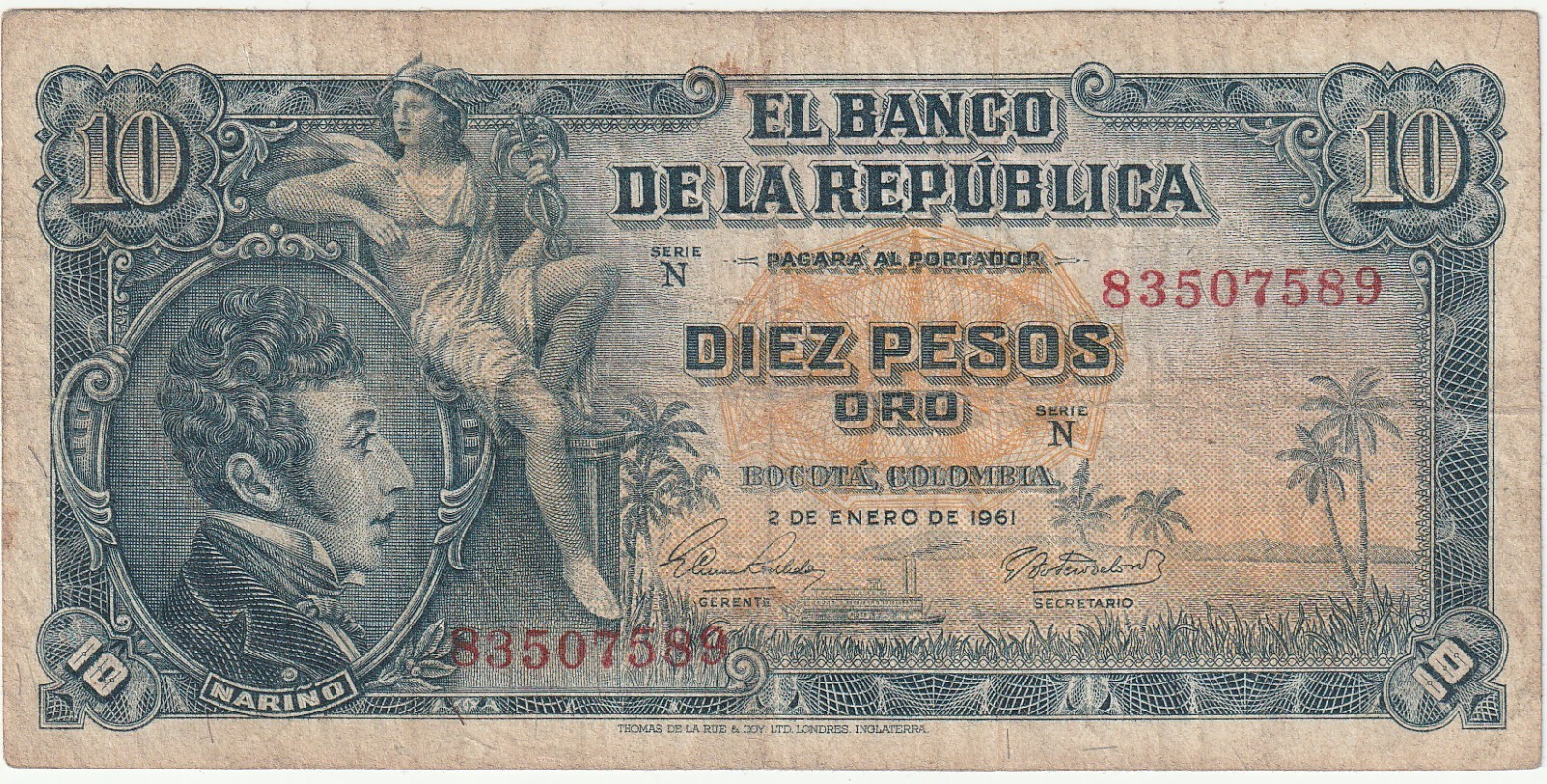 Colombia 10 Pesos Oro Banknote 1961 Fine-10 Cond Pick#400-C "Narino & Mercury"