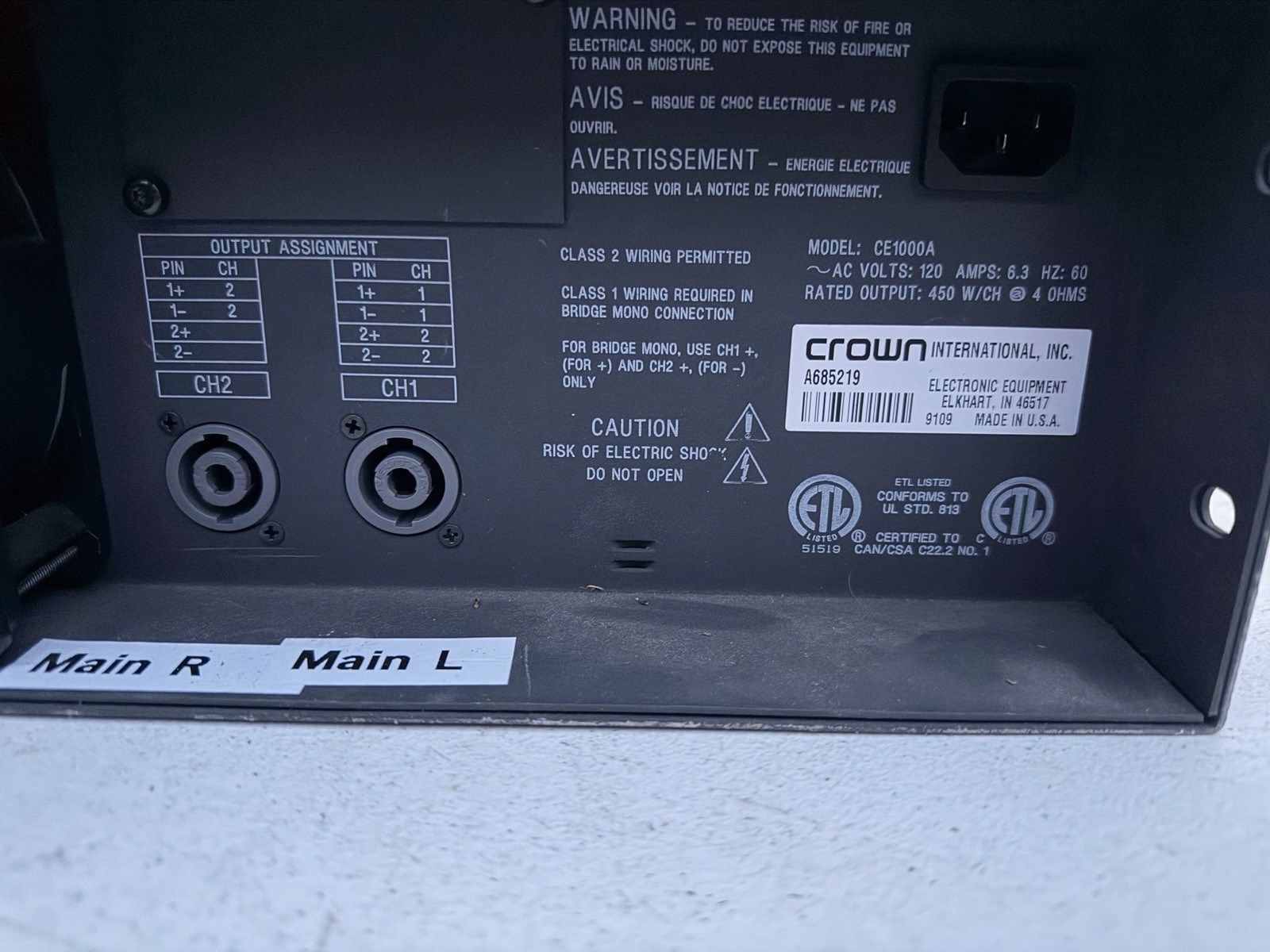 Rack Mount Crown CE1000 2-Channel Power Amplifier AS IS Untested / Powers On