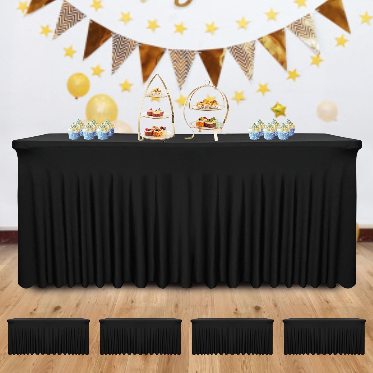 4-Pack Black Table Skirts for 4-Foot Rectangle Tables | 48''L x 24'... Fast Ship