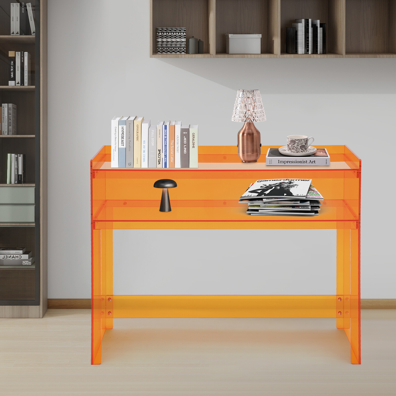 Free Standing Acrylic Desk Small Entryway Table with Open Shelves Entry Table