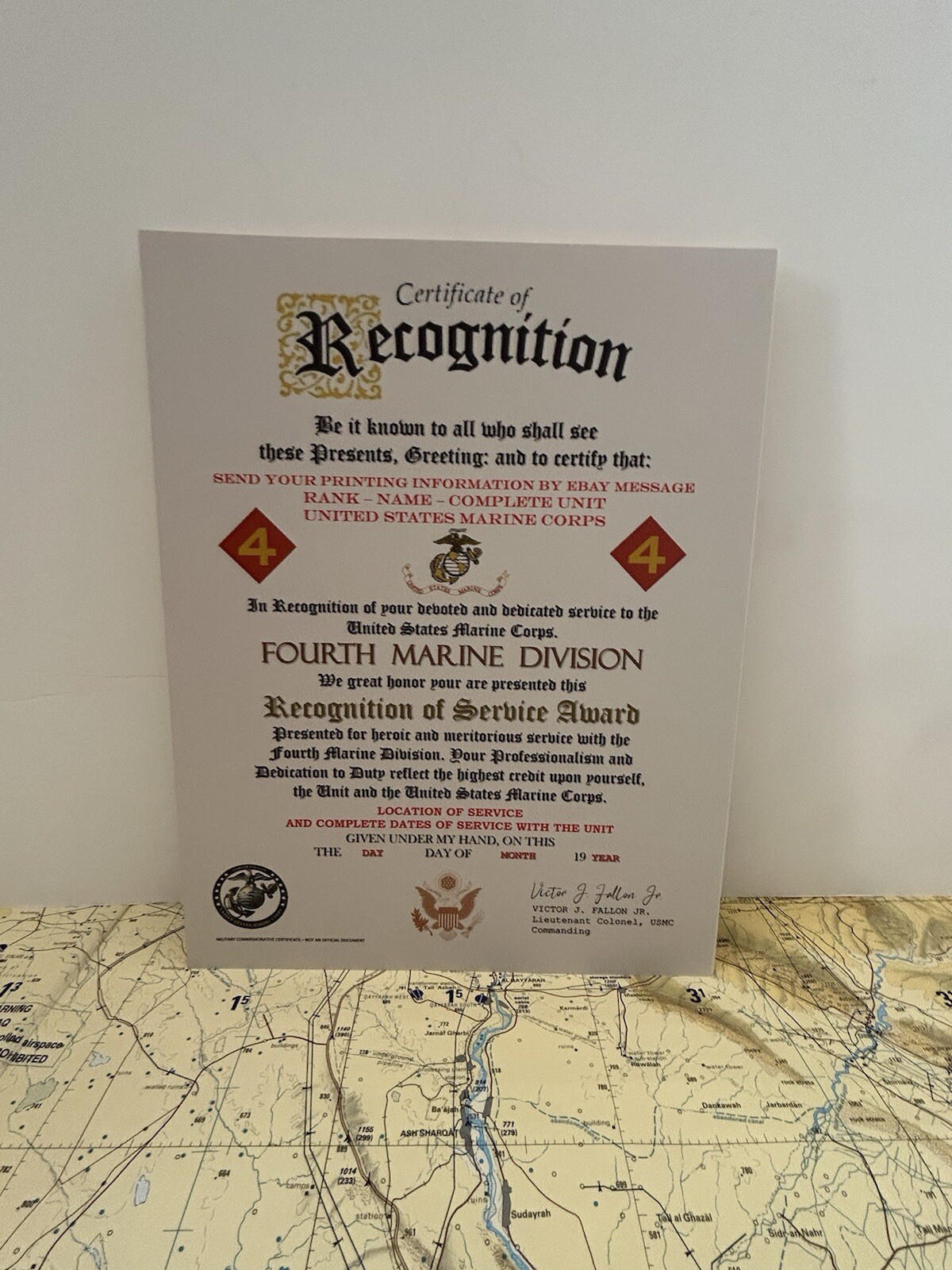 U.S.M.C. / 4TH MARINE DIVISION - RECOGNITION OF SERVICE AWARD CERTIFICATE