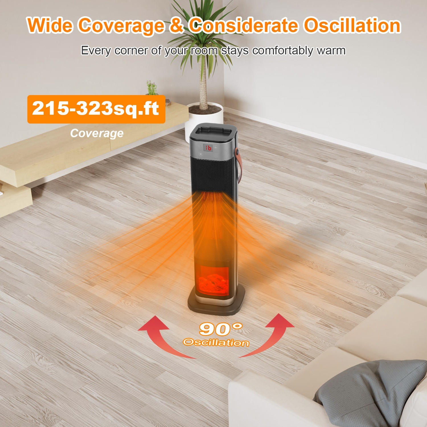 Space Heater 90°Oscillating 1500W Electric Ceramic Tower Heater w/Remote Control