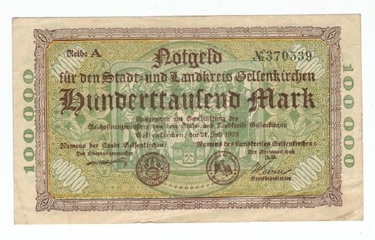 GERMANY BANKNOTE 100000 MARK STADT-GELSENKIRCHEN 1923
