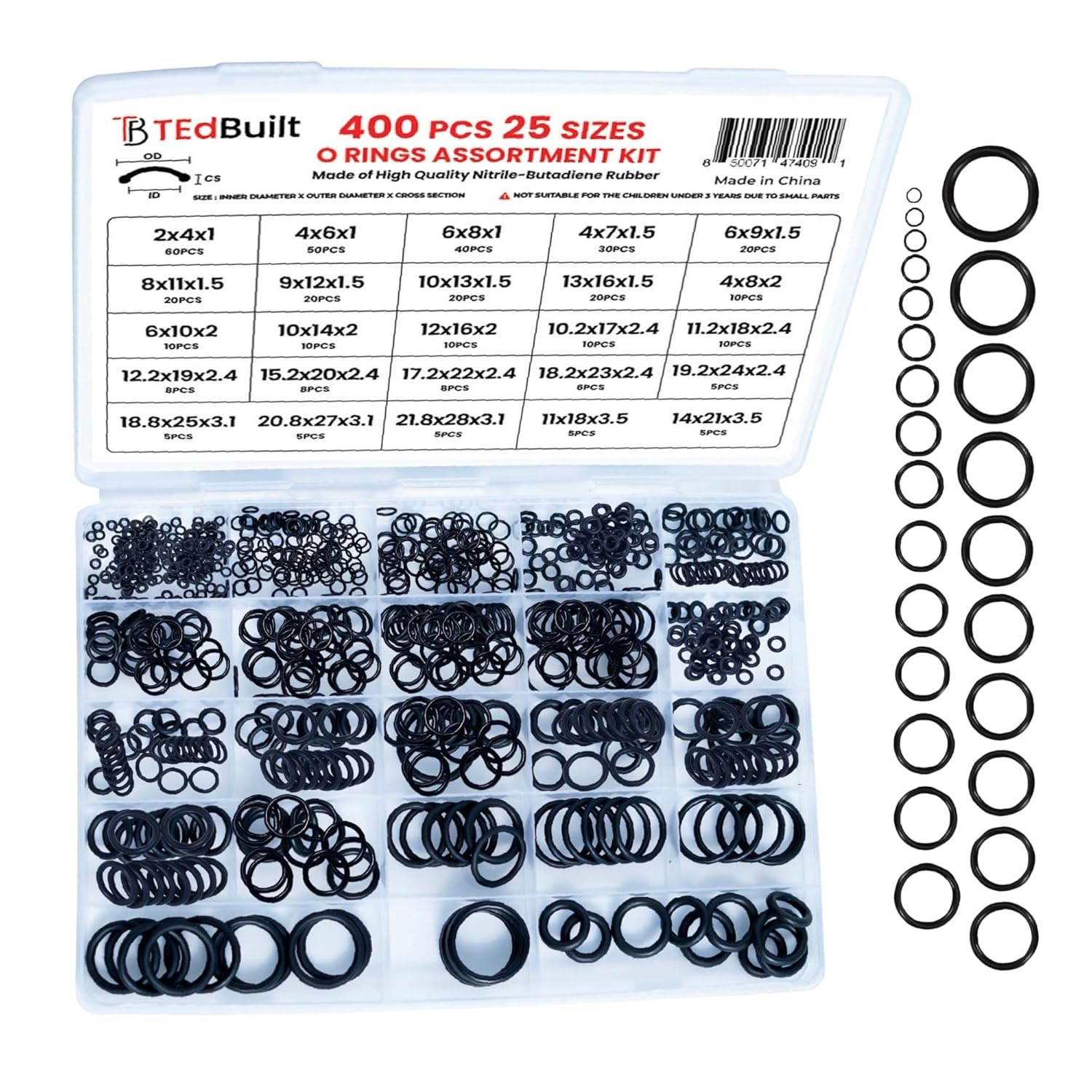 O Ring Assortment Kit – 400PCS (25 Sizes) – 2x1mm ~ 14x3.5mm - 400pcs, Black