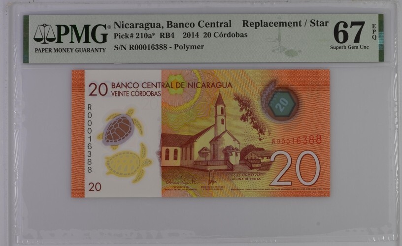 Nicaragua 20 Cordobas 2014 P210a* UNC - Polymer / Replacement PMG 67EPQ TOP POP