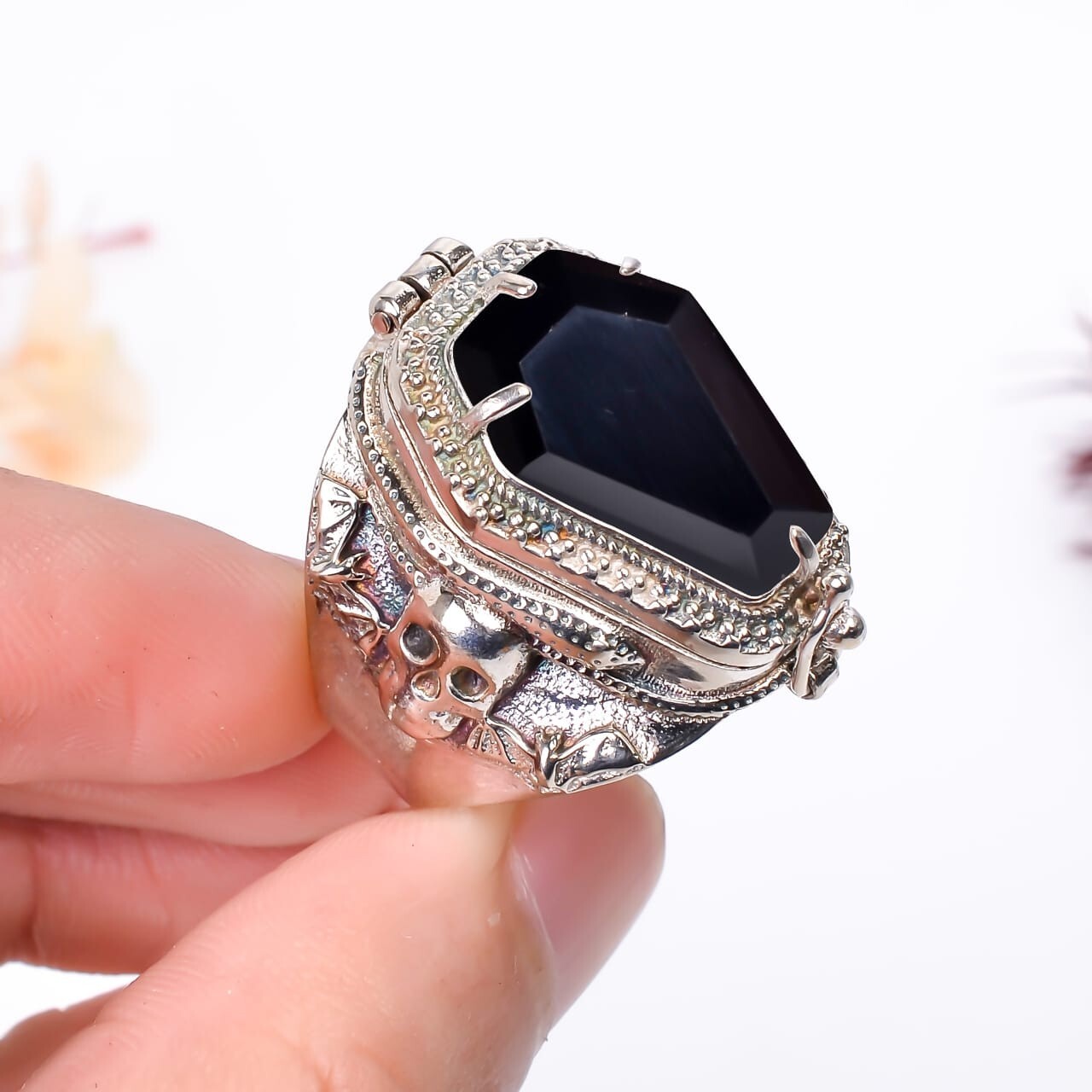 Black Onyx Skull Coffin Poison Ring | Handmade 925 Sterling Silver Gothic Ring