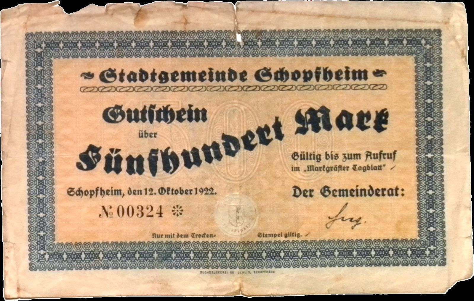 1923 Germany GCHOPFHEIM 500.000 Mark Banknote