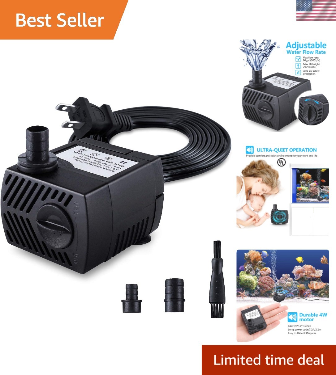 Outdoor Submersible Fountain Pump with 7.2ft Cord - Perfect for Small Ponds