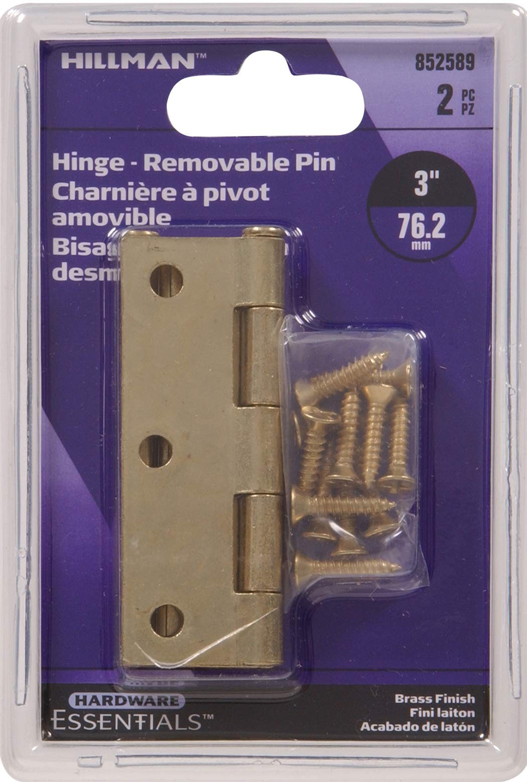 Hardware Essentials 852589 Light Narrow Door Hinges and Fixed Pin Brass 3" -2...
