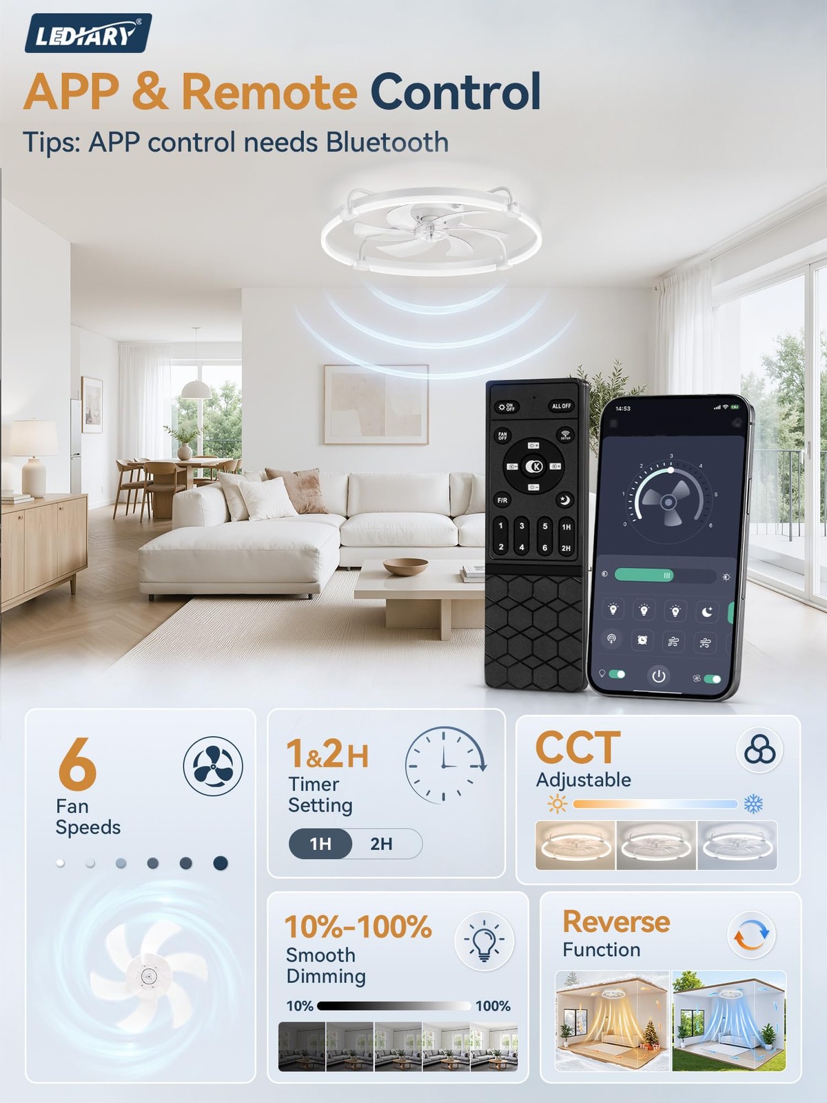 LEDIARY 26 Inch White Ceiling Fan Light Remote App