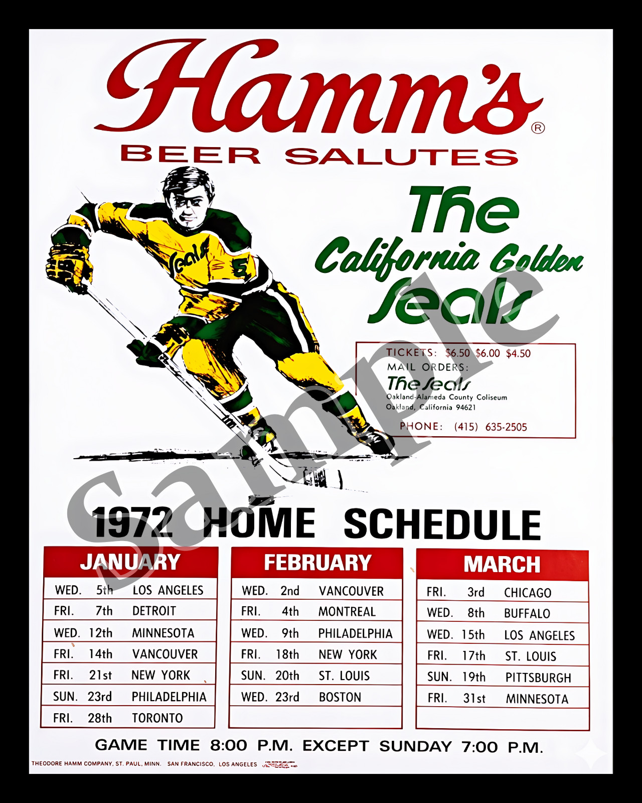1972 California Golden Seals Home Schedule Color 8 X 10 Photo Picture