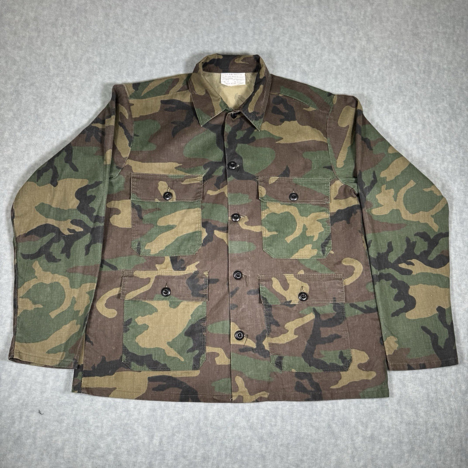 VTG Military Shirt Jacket Men’s Large 44 Woodland Camo BDU Green Made In USA EUC
