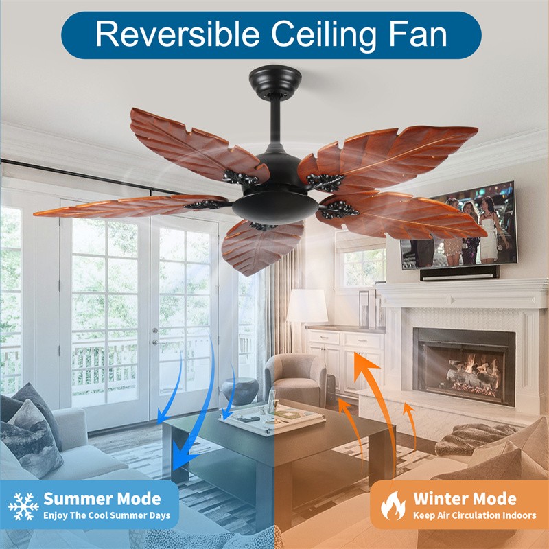 52" Tropical Ceiling Fan No Light 5 Solid Wood Palm Leaf Blade Reversible