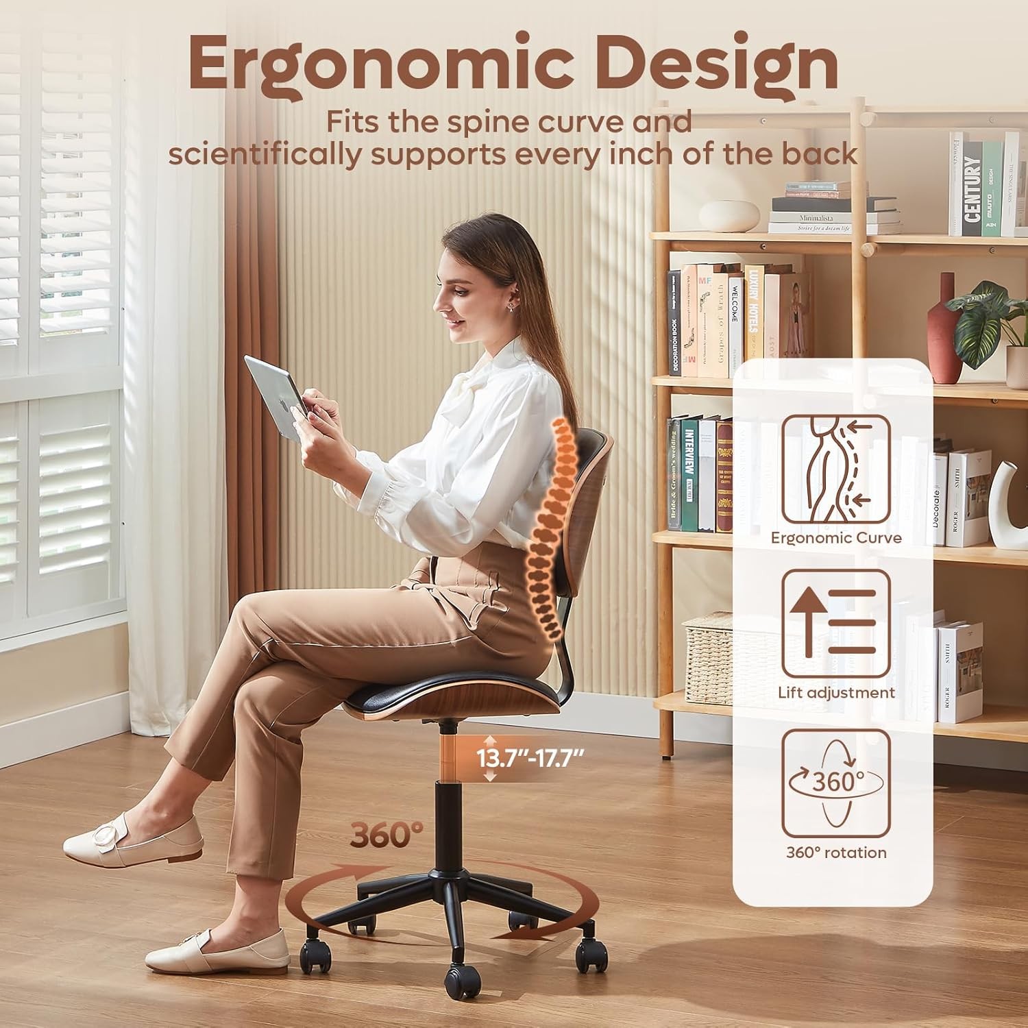 Small Office Chair W/ Bentwood Back Support Armless Desk Chair W/ 360° Swivel