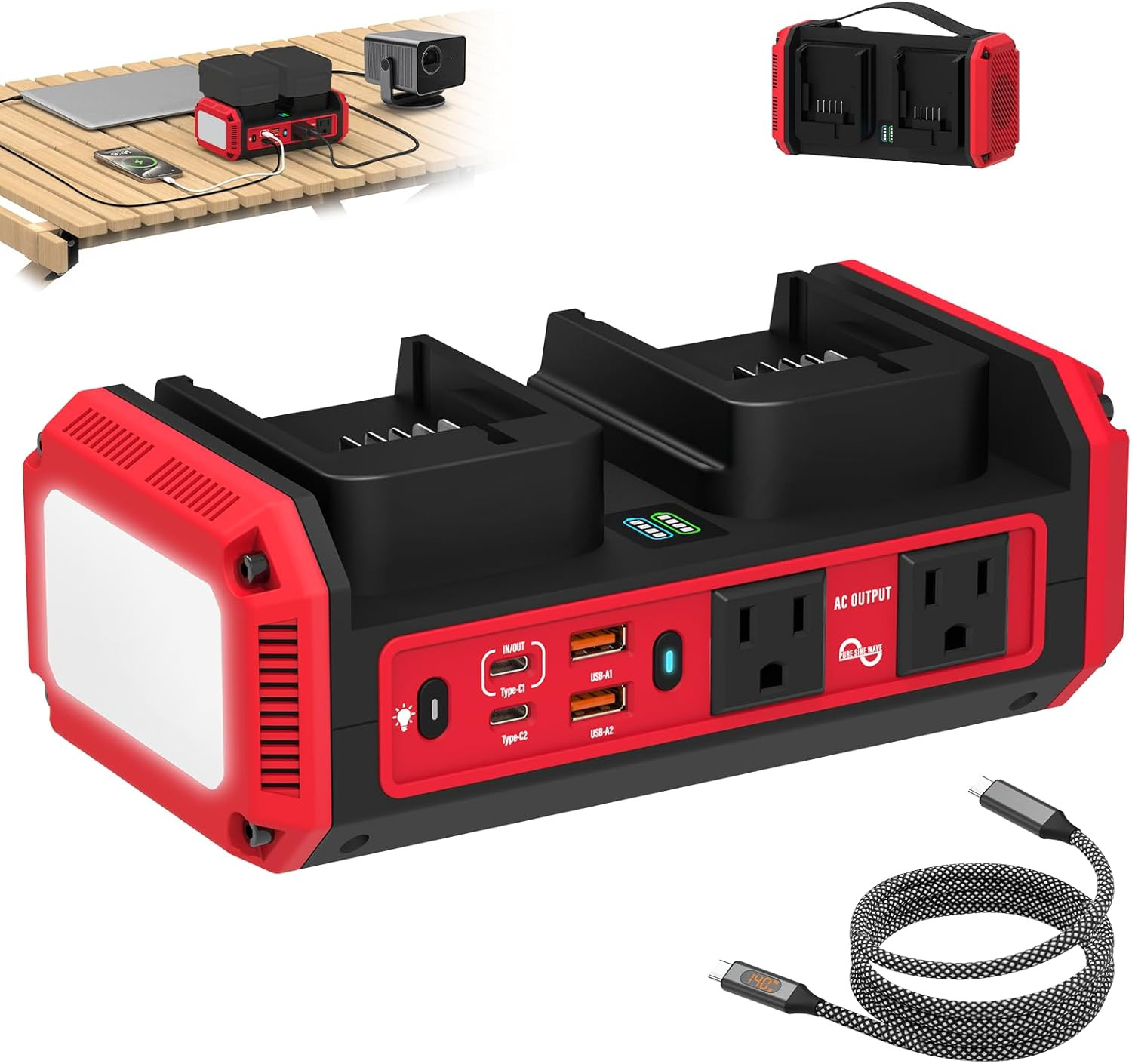 350W Pure Sine Wave Inverter Compatible with Milwaukee 18V Batteries, Dual-Batte