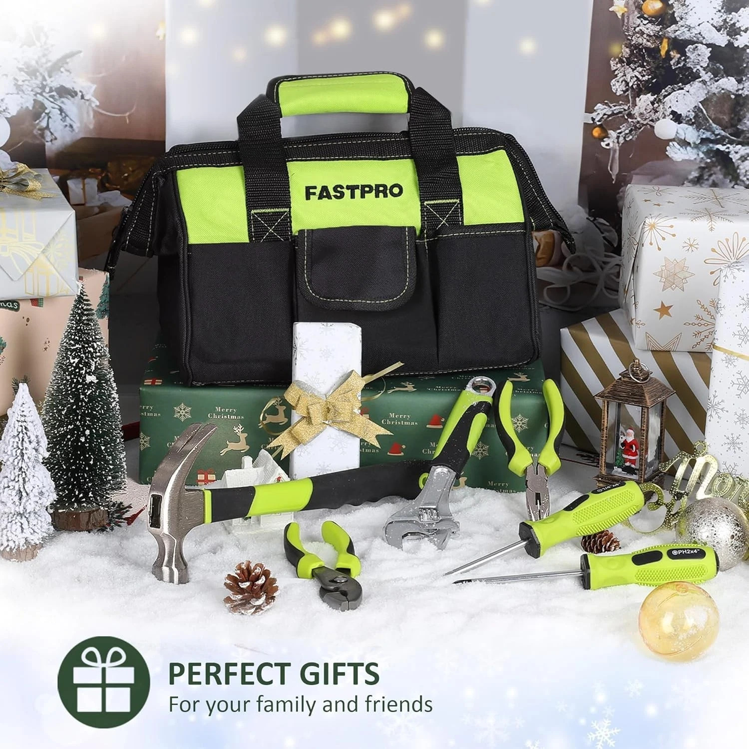 FASTPRO Multiple-Piece Home Tool Kit with 12" Tool Bag - Green Household Set