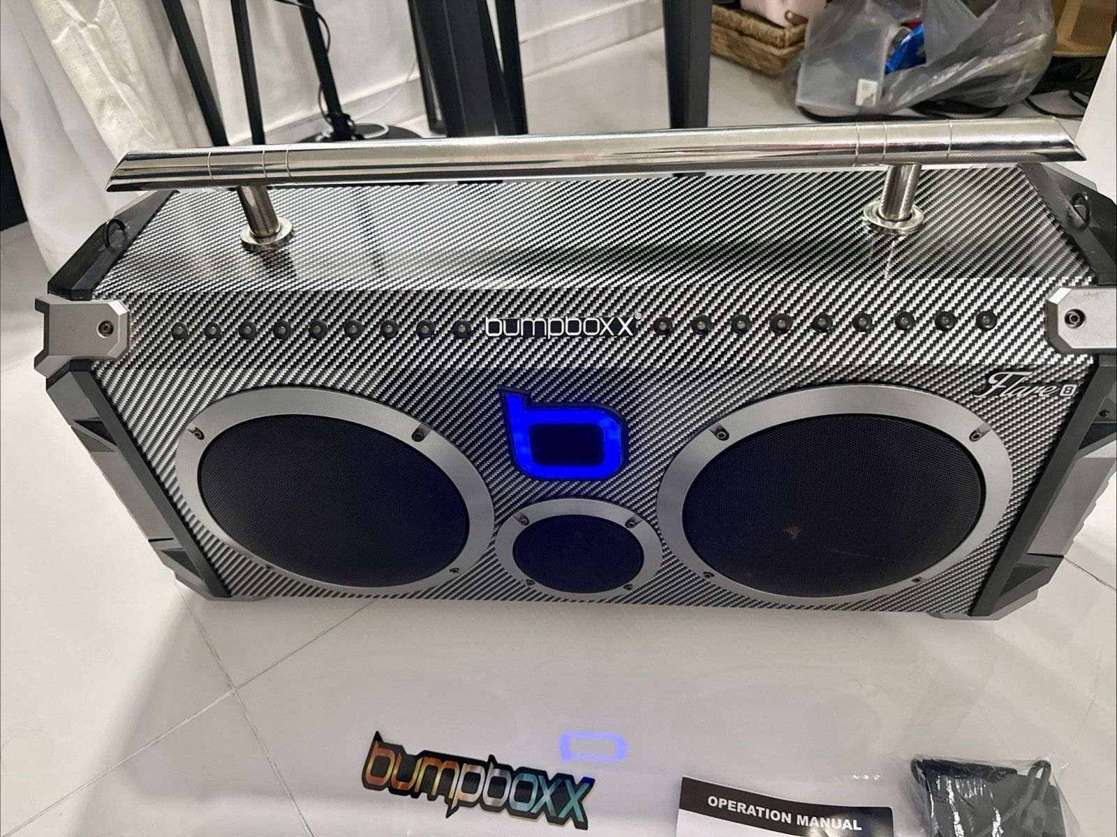 bumpboxx Flare8 Boombox Bluetooth USB Remote Microphone Aux Input Black Silver