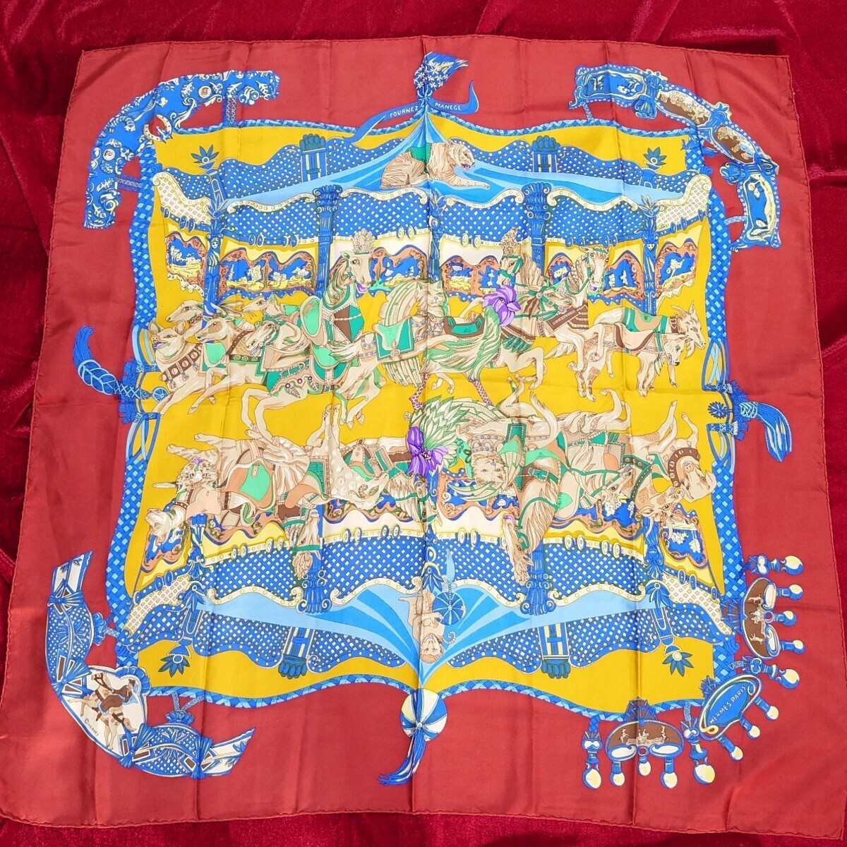 HERMES  Scarf 90 TOURNEZ MANEGE Dark Red Merry Go Round Horse