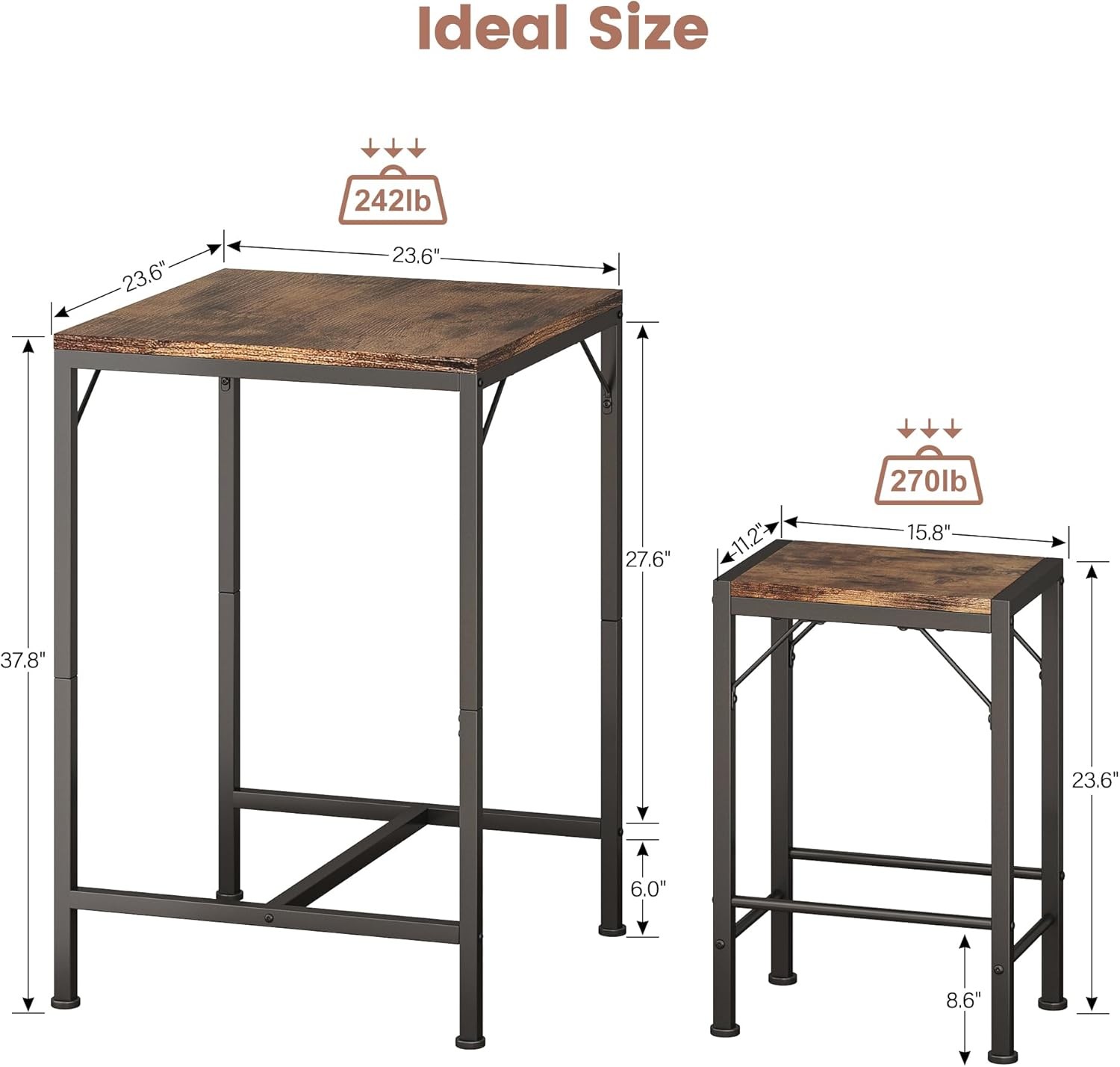 Bar Table & Chairs Set Square Bar Table W/ 2 Stools Space-Saving Dining Pub Set