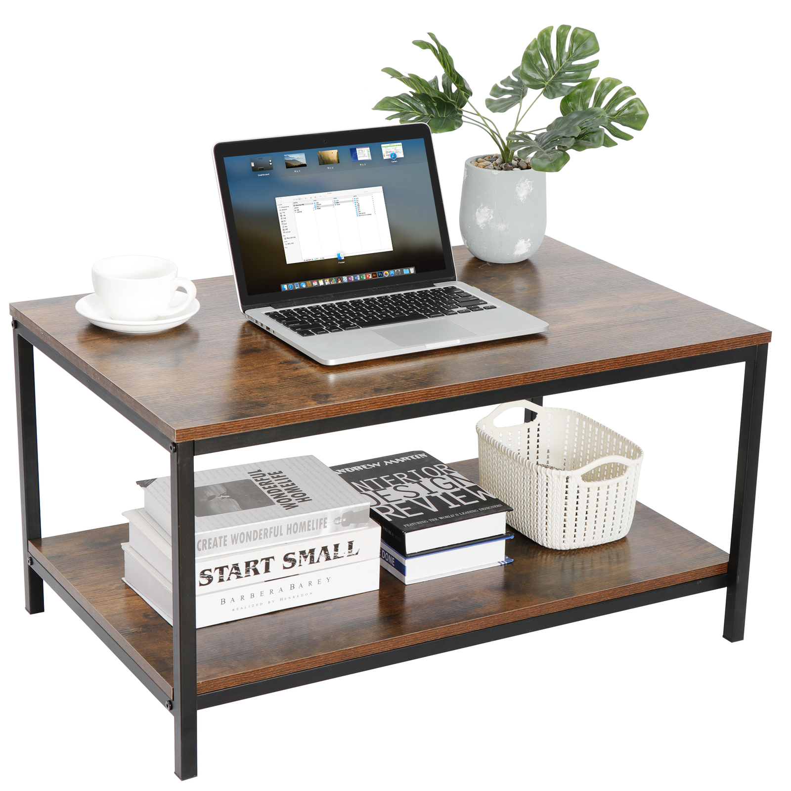 2-Tier Small Coffee Table Rectangle Wood Side End Table w/ Storage Rustic Brown