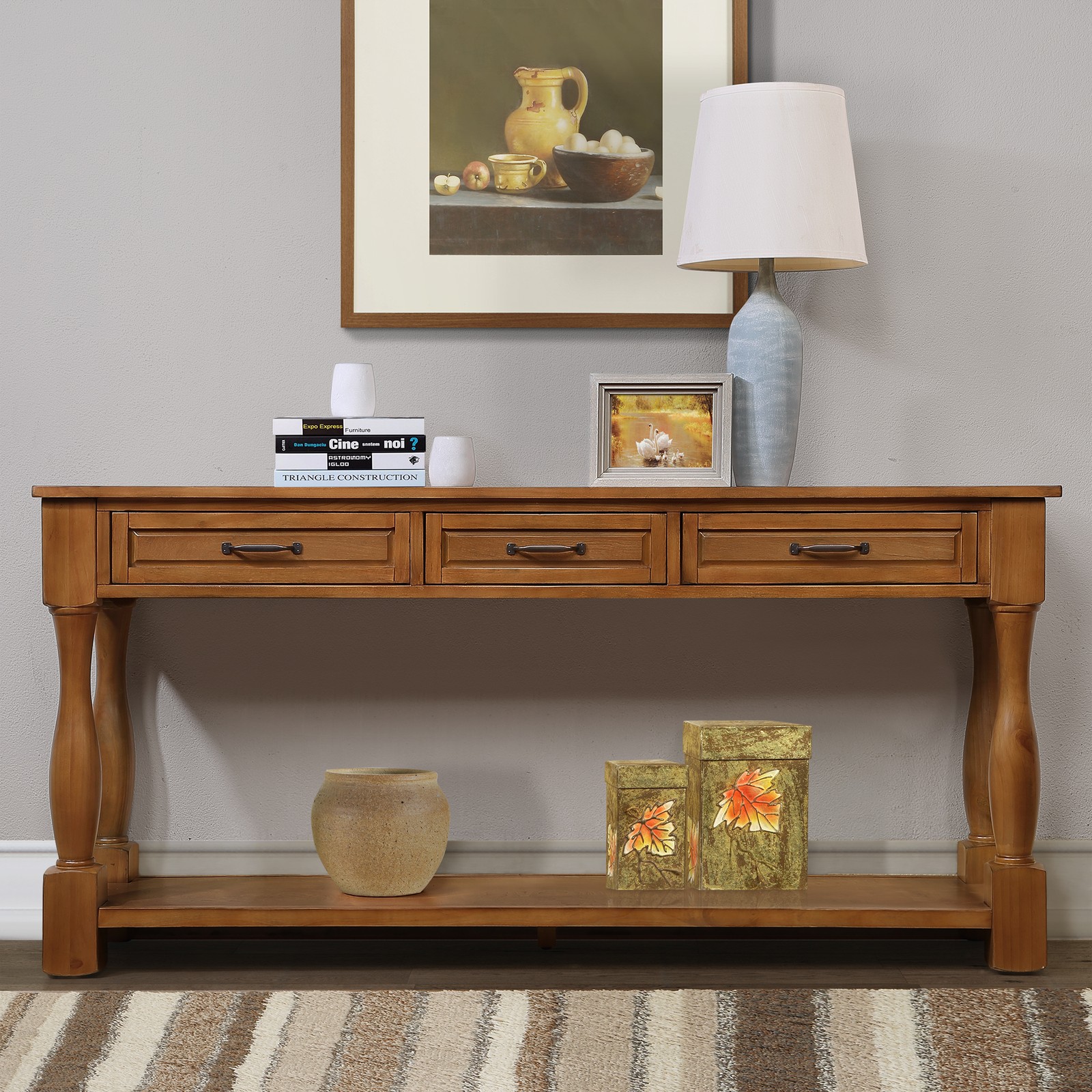 63inch Long Wood Console Table with 3 Drawers and 1 Bottom Shelf for Entryway