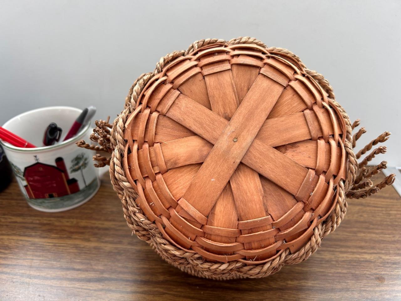 Handmade basket wood raffia rustic farmhouse with handle