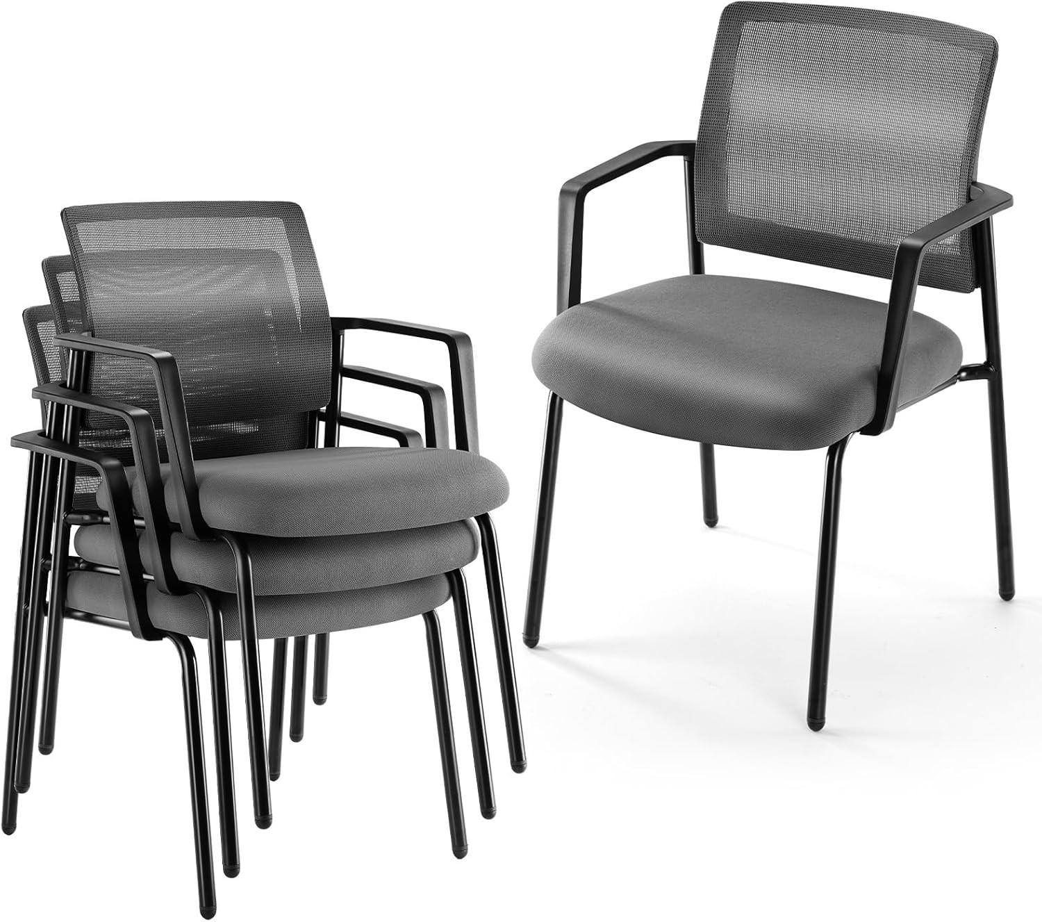 Black Stackable Arm Chairs W/ Mesh Back & Upholstered Fabric Sturdy Metal Frame