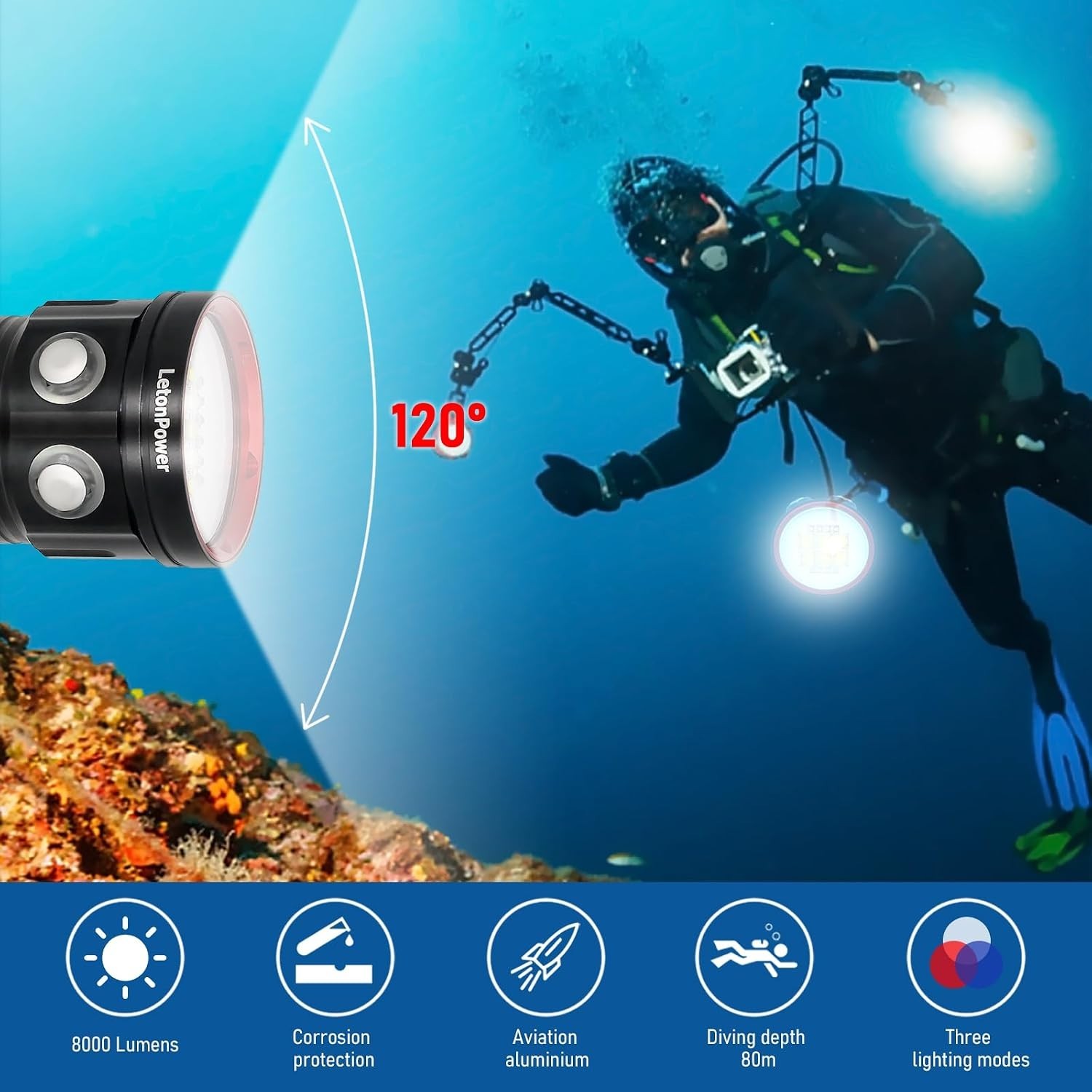 Scuba Diving Flashlight 8000Lumens Underwater Video Lights
