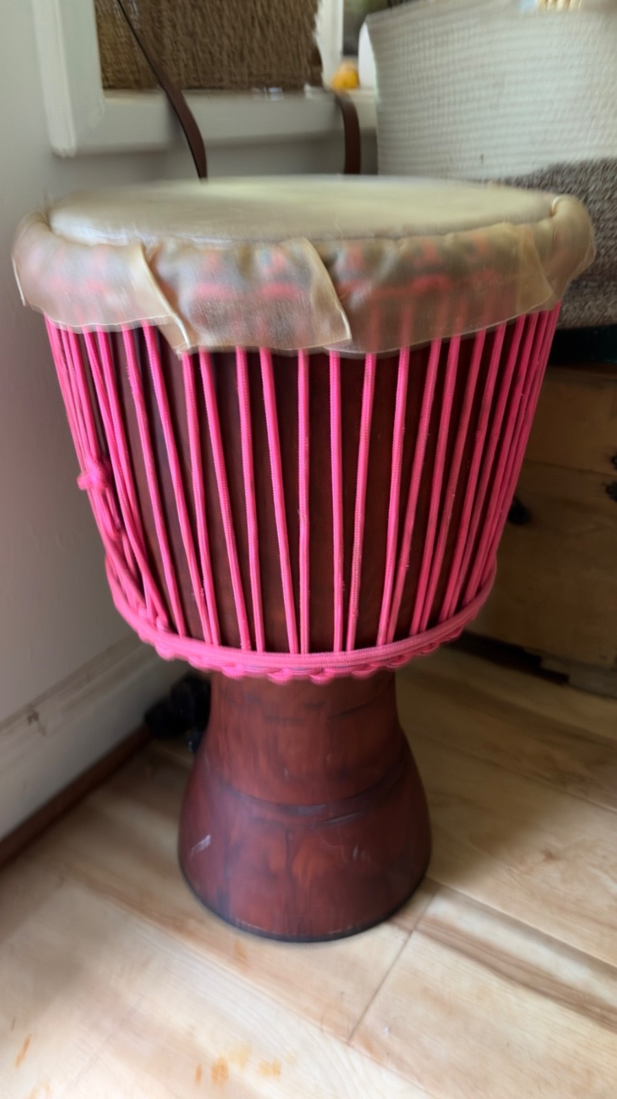 Large African Wood Djembe Pink Rope Newly Installed Natural Hide Head