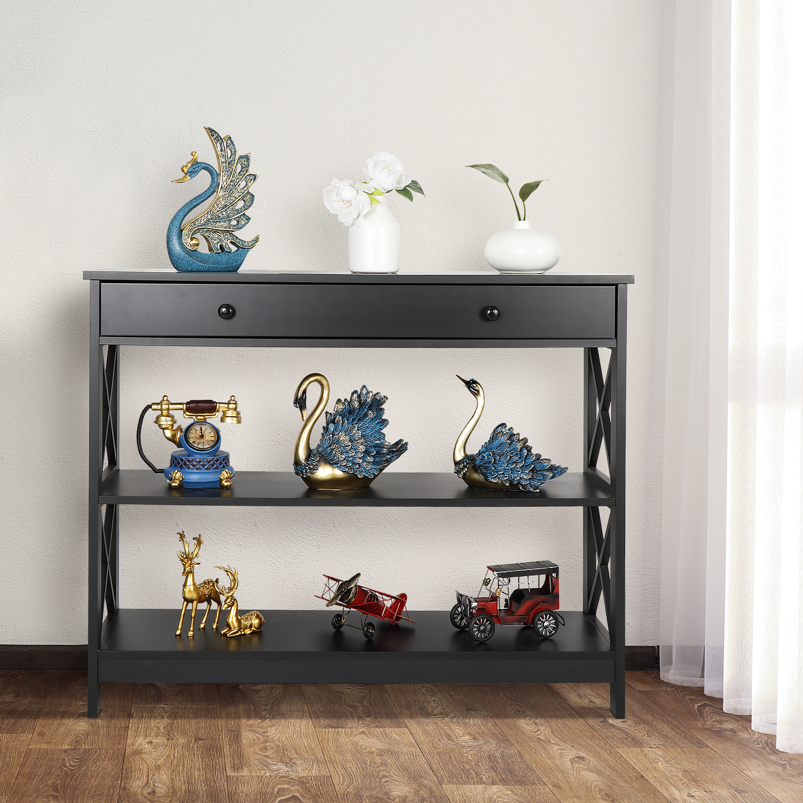 Wood Console Table 3 Tier Narrow Entryway End Sofa Table w/Storage Drawer Black
