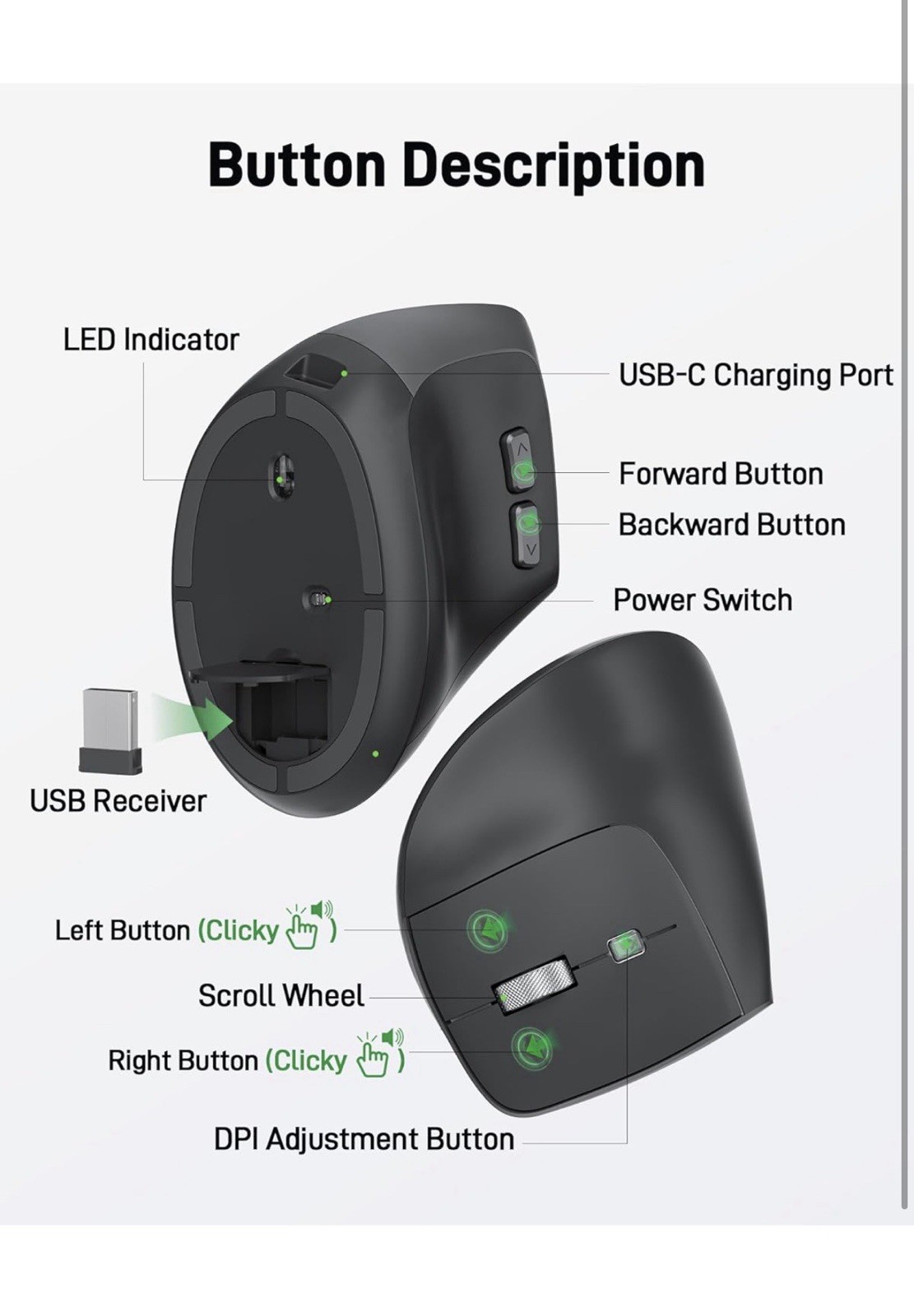 Acer Ergonomic Mouse Wireless, Adjustable DPI Vertical Mouse 1000/1200/1600