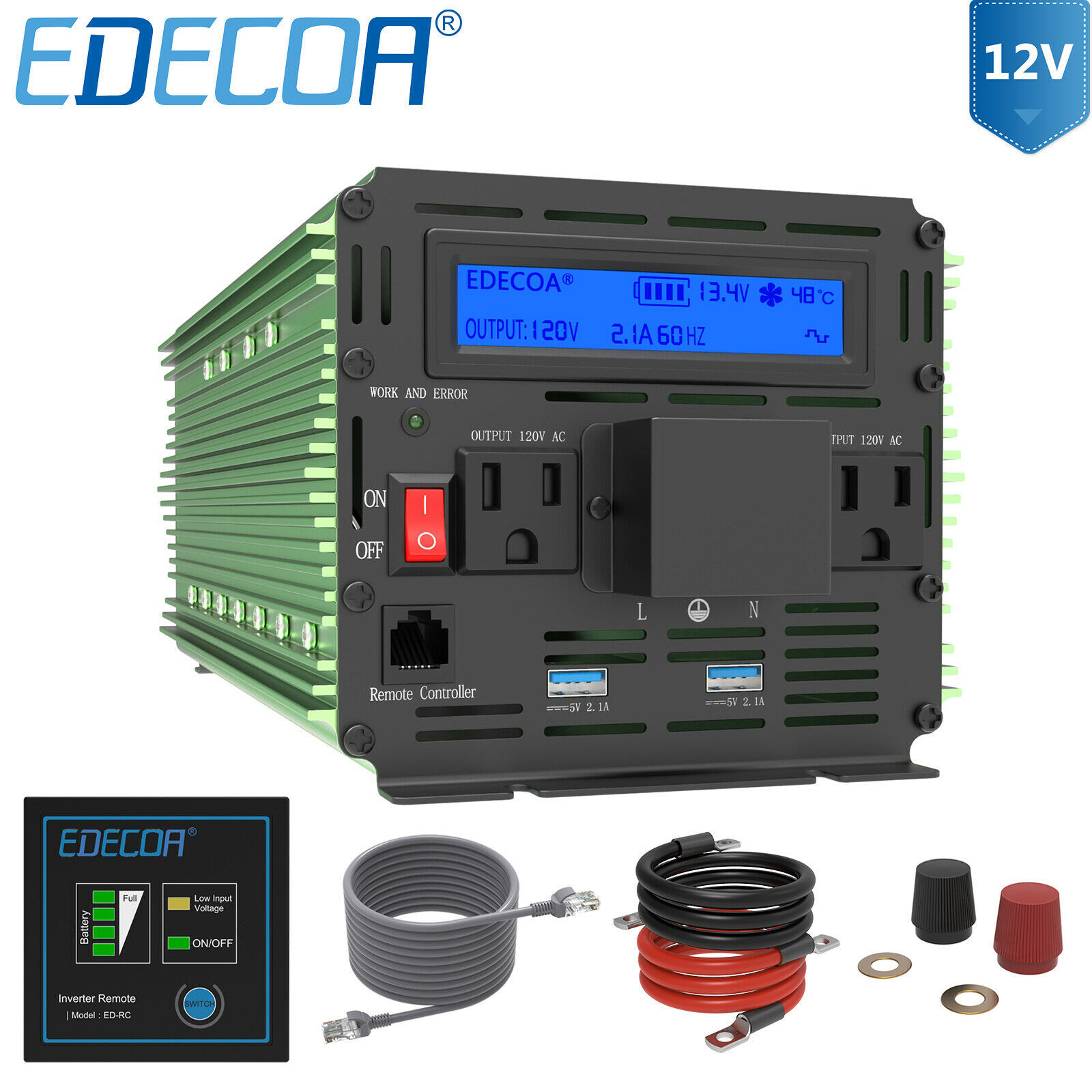 EDECOA Power Inverter 3000 Watt 12V DC to 110 V 120V AC LCD Cables Car Truck RV