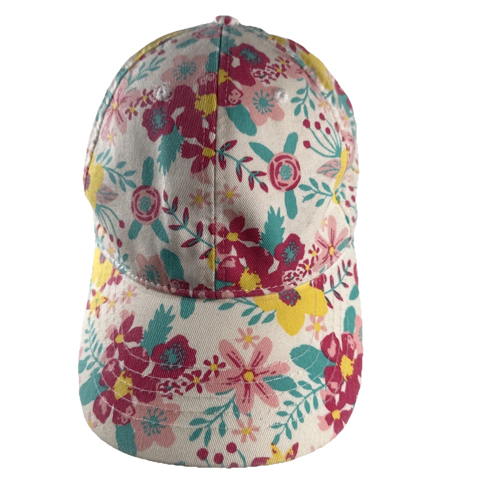 Floral Cotton women’s Hat Cap Hook Loop white w Pinks, Yellows, Teal. OSFM
