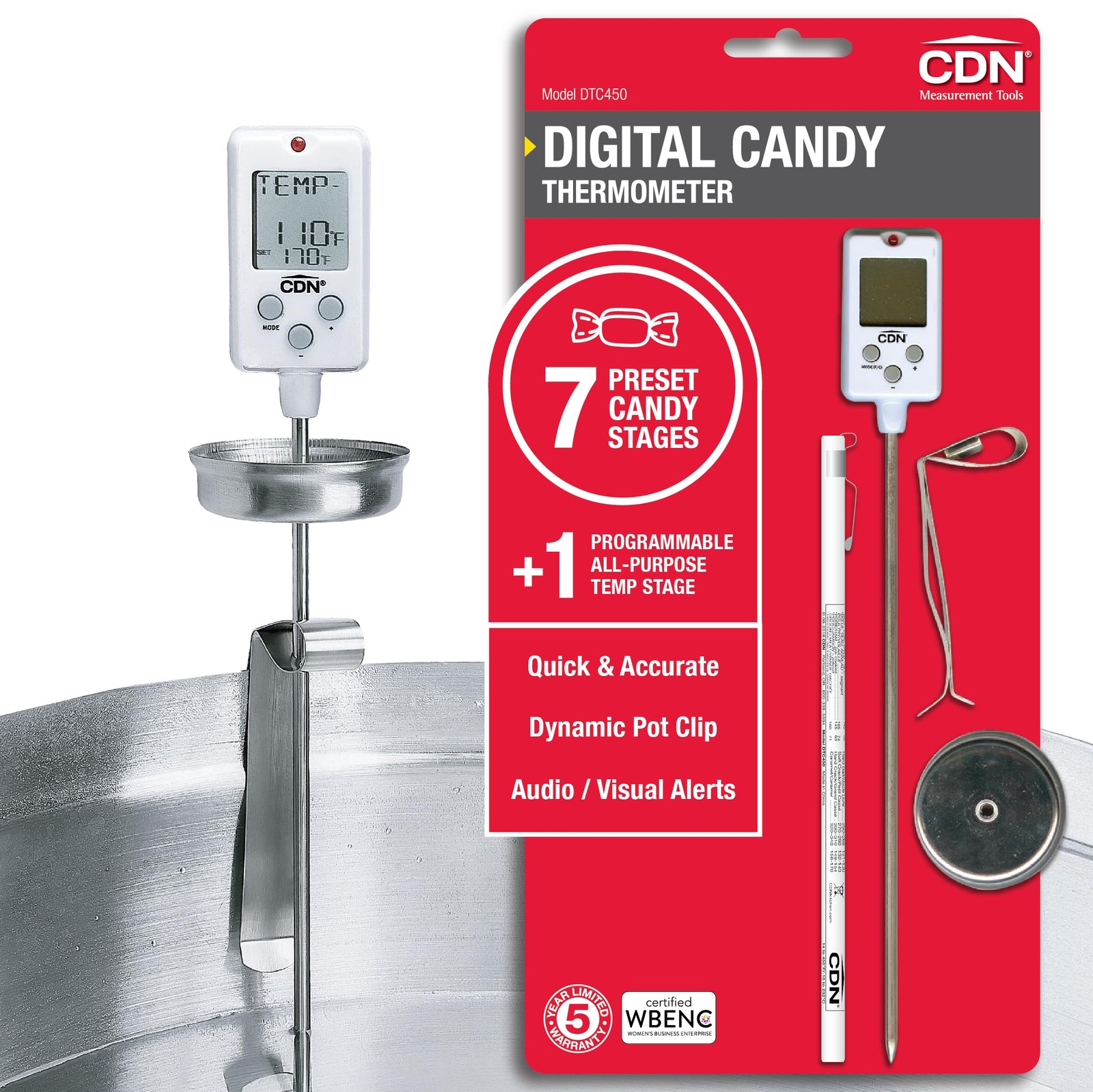 Digital Thermometer Long 8'' Stainless Steel Stem, Adjustable Pot Clip, Prese...