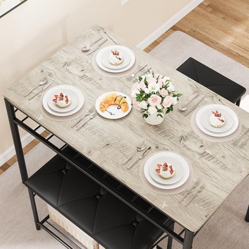 Dining Table Set for 4 with Upholstered Benches and 2 Stools, Modern Grey