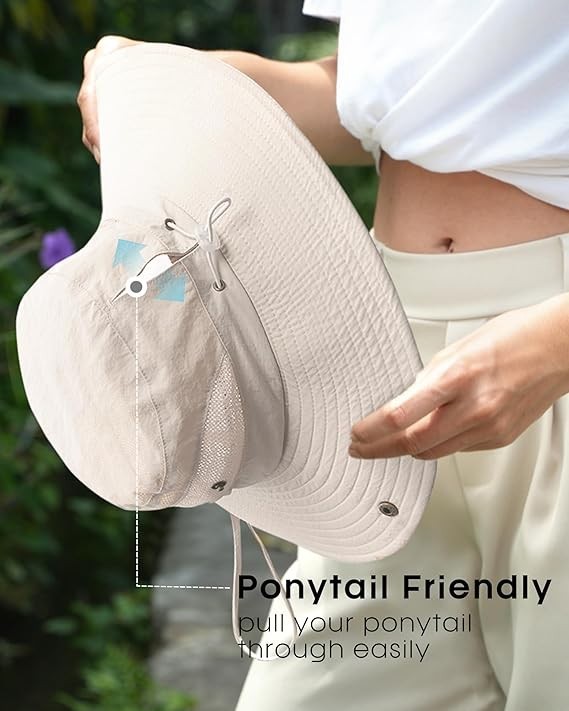 FURTALK Women's Beige Wide Brim Sun Hat Ponytail Hole 80+ Foldable Outdoor Hat