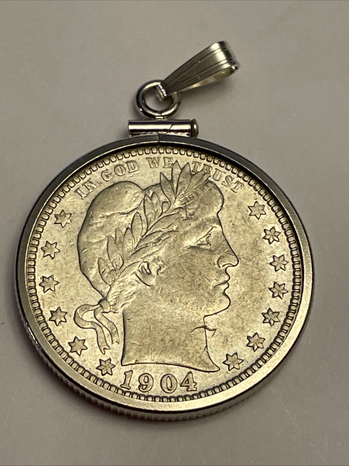 1904 Barber Quarter  AU/VF In A Sterling Silver Bezel All Details With Luster
