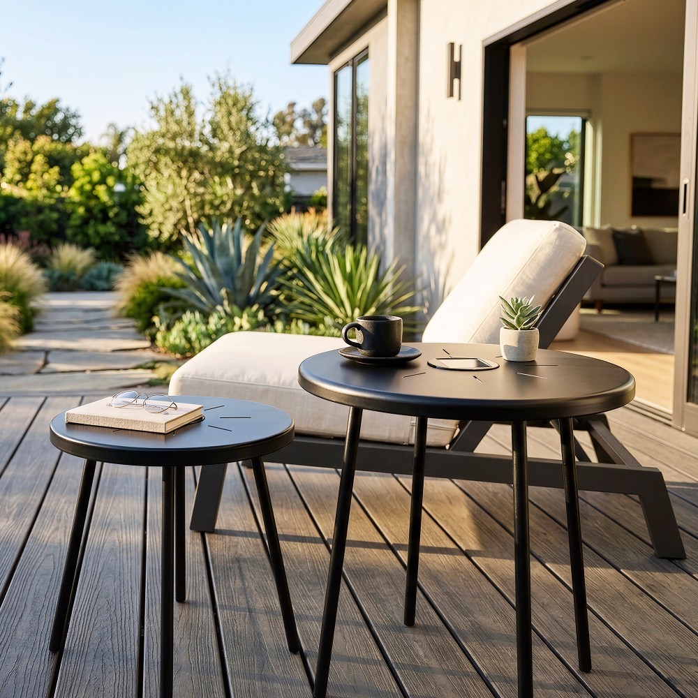 2 Pack Solar Powered Side Table with LED Light Outdoor Indoor Nesting Round End
