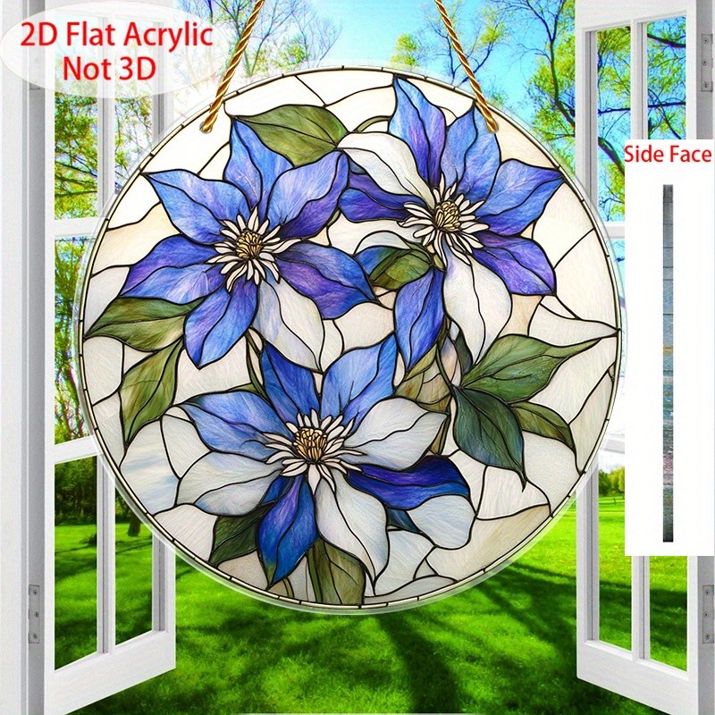 Blue Clematis Flowers Acrylic Suncatcher Whimsical Garden Boho Window Wall Decor