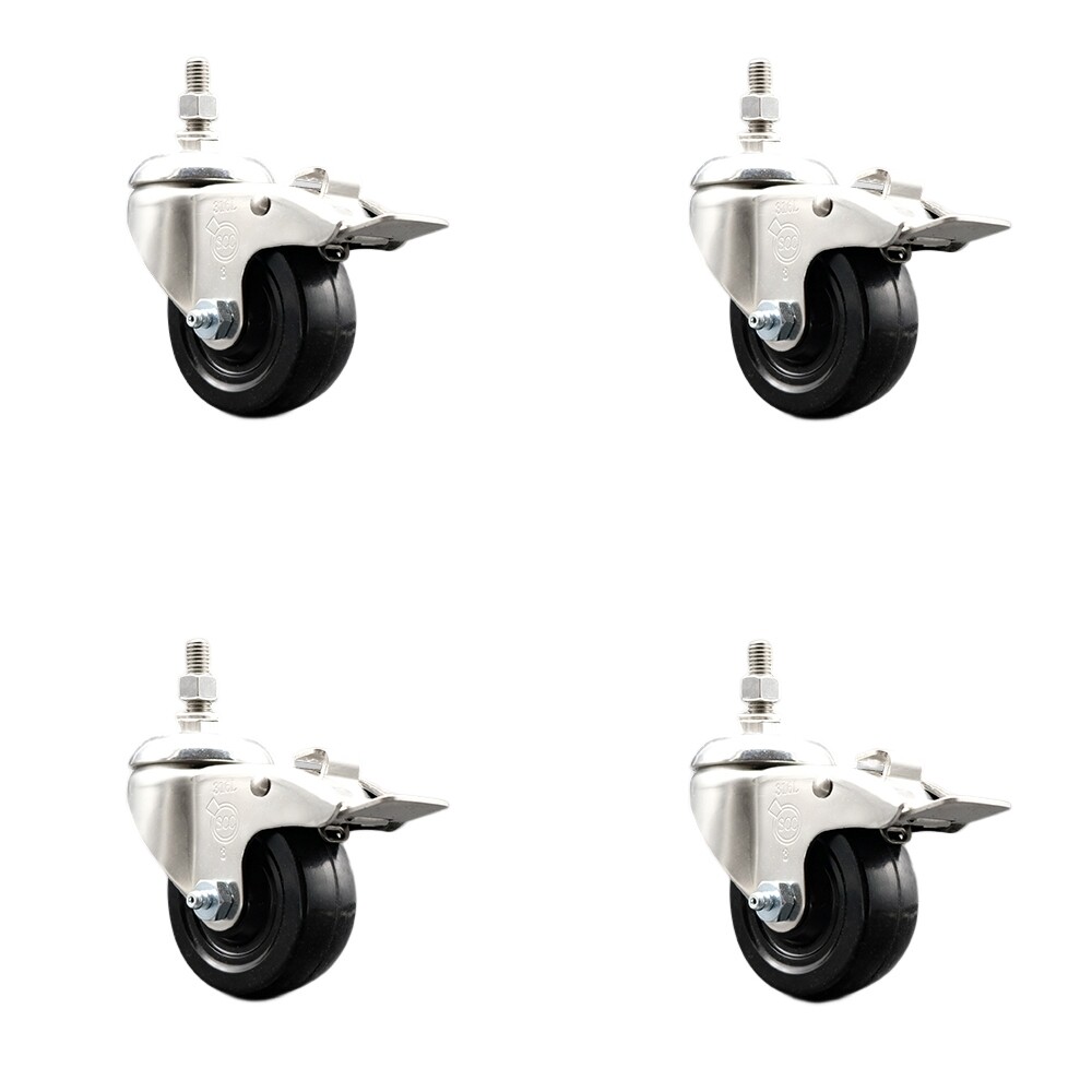 3.5 Inch 316SS Soft Rubber Swivel ½ Inch Threaded Stem Caster Set Lock Brake SCC