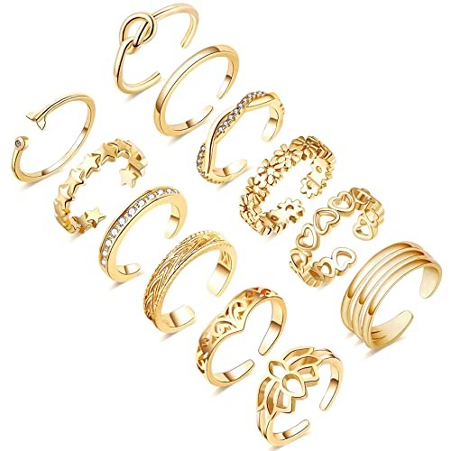 12PCS 14K/Silver Plated Toe Rings for Women Adjustable Band Rings Open Gold