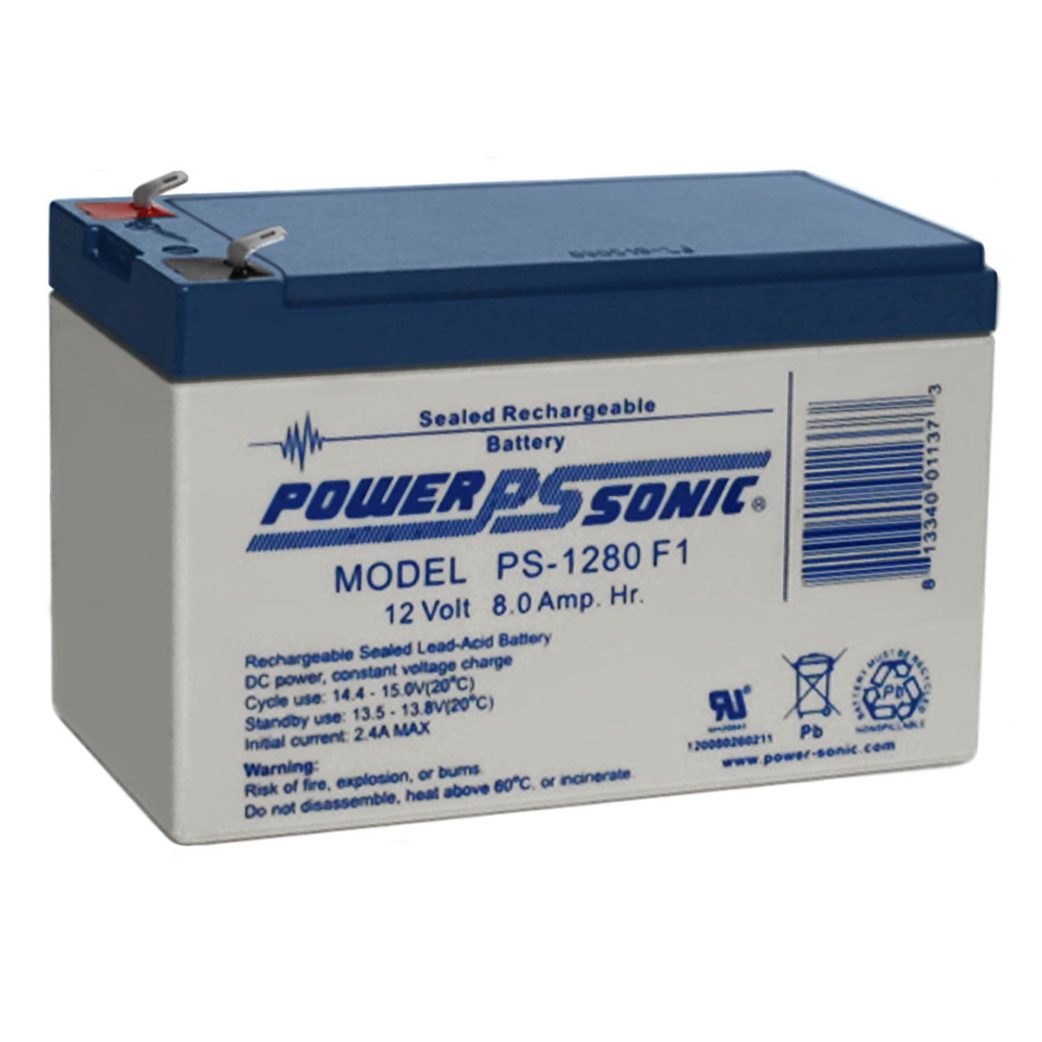 Power-Sonic PS-1280 F1 12 Volt 8 Amp Hour Rechargeable SLA Battery