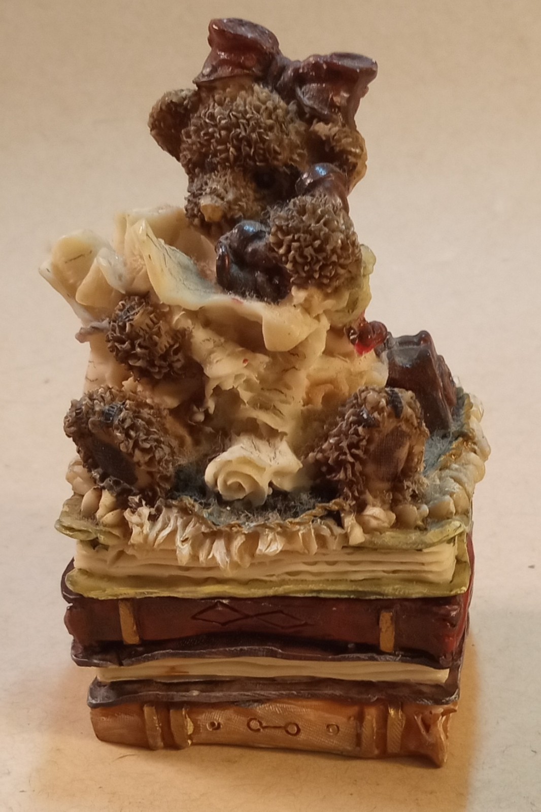 Trinket Boxes. (2) Teddies Sitting On Books. 3.25" Average.